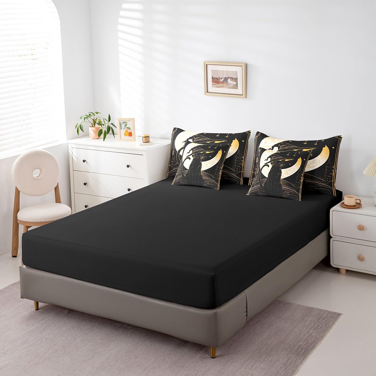Feelyou Halloween 7 Piece Bedding Set Twin Size for Kids Boys Girls Teens Black Cat Bed in a Bag Moon Star Pattern Comforter Set with Sheets Cute Animal Bed Set