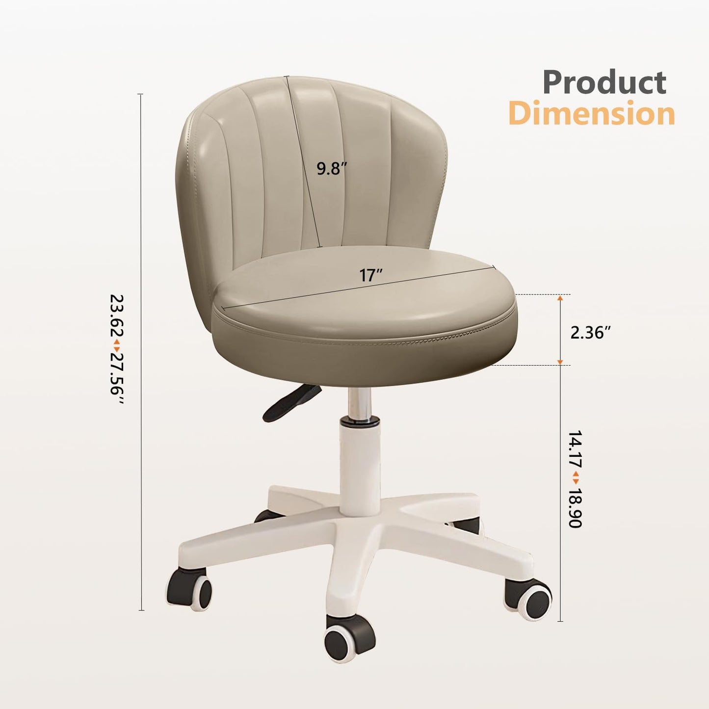 XUEGW Small Scallop Desk Chair with Back, Cute Armless Rolling Vanity Chair with PU Leather, Comfy Office Task Computer Chairs Height Adjustable for Bedroom
