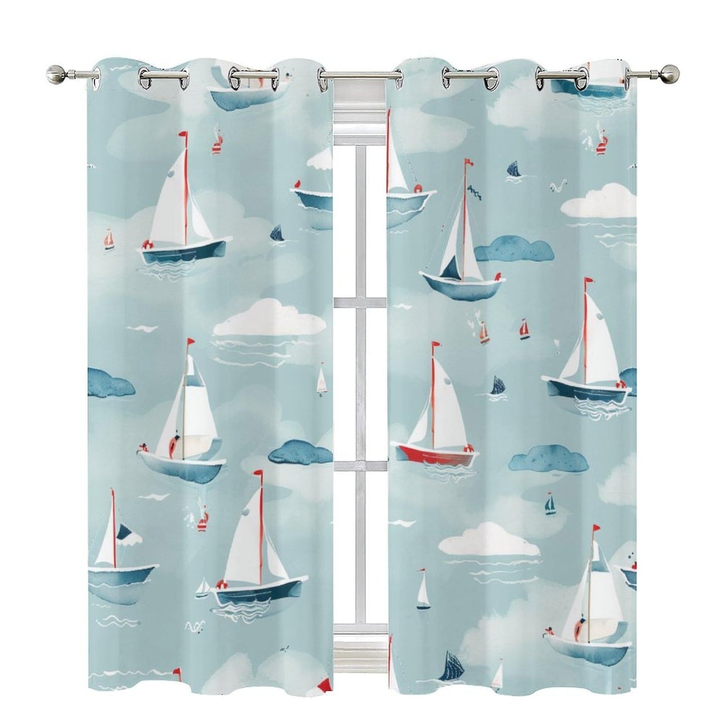 TOWINSFB Cute Cartoon Sailboat Blackout Curtains for Bedroom/Living Room, Funny Ocean Nautical Ship Grommet Curtains Thermal Insulated Window Drapes, 2 Panels, Each 21W x 45L