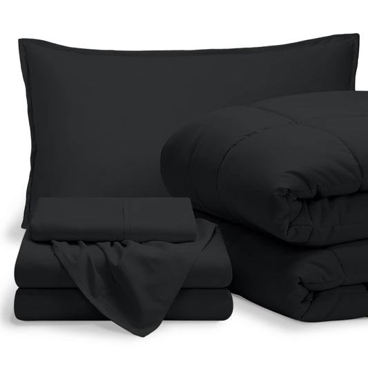 Bare Home Bed-in-A-Bag 5 Piece Comforter & Sheet Set - Twin XL - Goose Down Alternative - Ultra-Soft 1800 Premium Bed Set (Twin XL, Black/Black)