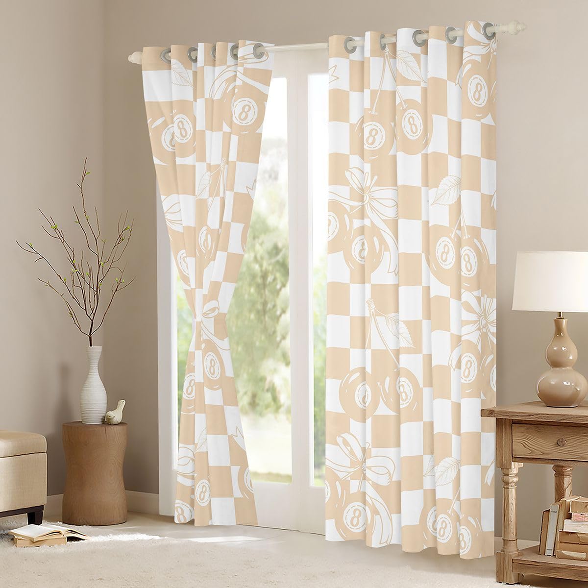 Erosebridal Lucky 8 Ball Window Curtains 42" Wx63 L Girly Fashion Y2K Blackout Curtains for Bedroom,Coquette Cherry Bow Window Treatments Preppy Beige Checkerboard Plaid Drapes Decor 2 Panels