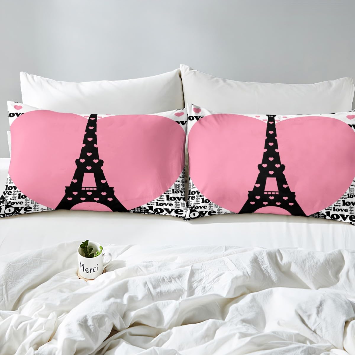 Eiffel Tower Fitted Sheet Full 3 Pcs,French Streets Graffiti Style Sheets Sets Breathable Bedding(No Top Sheet),Romantic Pink Hearts Bed Sheet with Deep Pocket,Modern Fashion Bed Cover