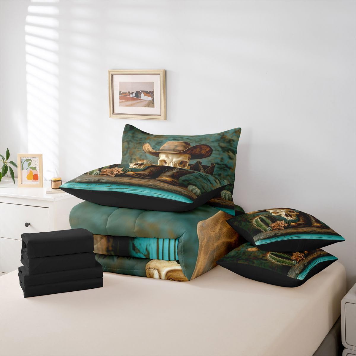 Erosebridal Cowboy Hat 7 Piece Bedding Set Queen Sugar Skull Comforter Set with Sheets Withered Flower Boots Cactus Farmhouse Bed in a Bag Western Theme Bronze Boho for Teens Men Women