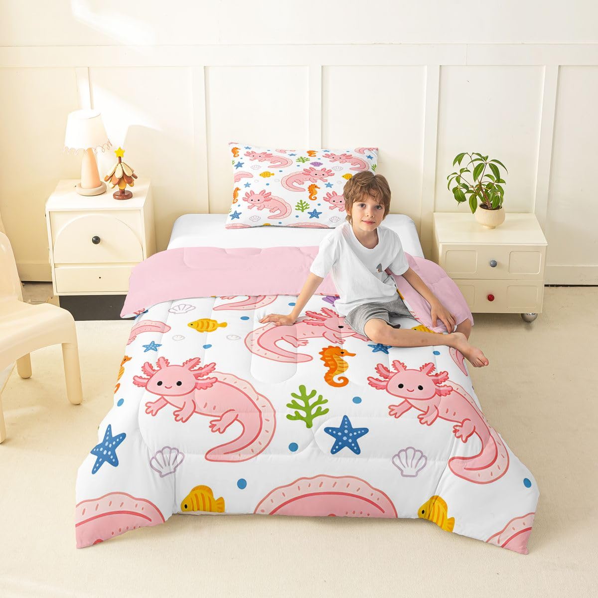 Cartoon Axolotl Kids Comforter Toddler Size,Kawaii Salamander Ocean Sealife Print Quilt Set for Kids Boys Girls Bedroom Decor,Cartoon Ocean Wildlife Bedding Set,Pink White Duvet Insert,1 Pillowcase
