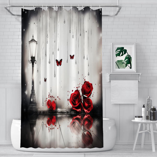 VELIRA Red Rose with Butterfly and Street lamp, Surreal Elements in Style, Romantic Feminine Girl Shower Curtain Decoration, red Rose Shower Curtain Set with 12 Hooks Polyester Fabric 60 * 72 inches