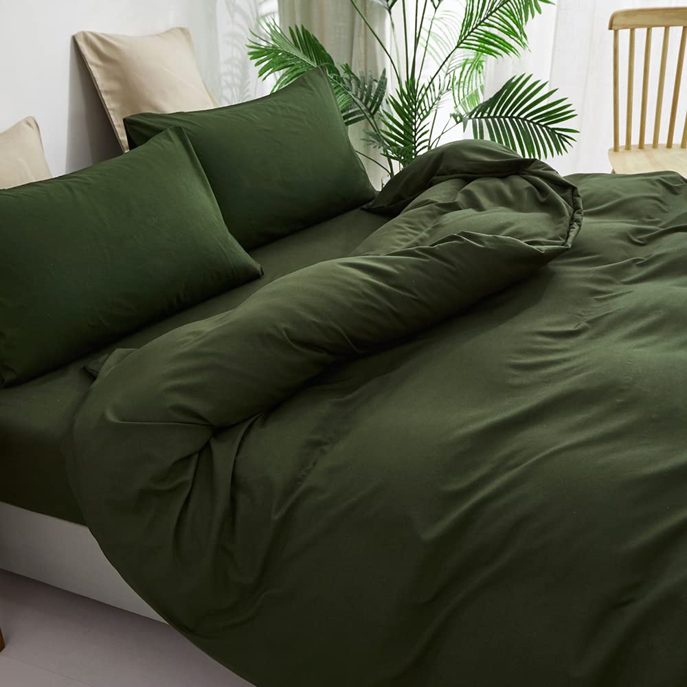CLOTHKNOW Army Green Duvet Cover Set Queen Olive Bedding Sets Full Soft Dark Green Bedding Queen Hunter Green Bedding Duvet Cover Sets