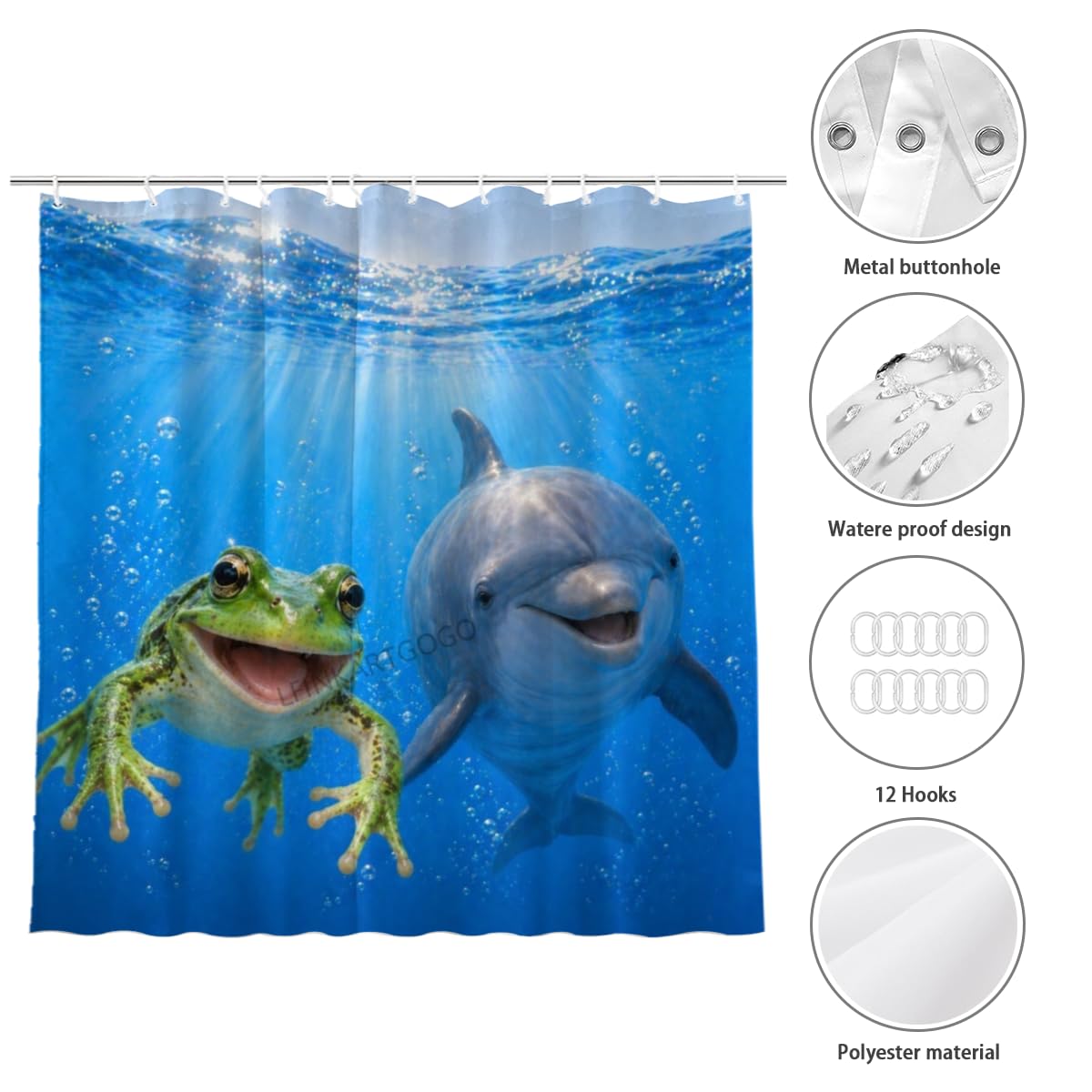 LFINKARTGOGO Ocean Frog Shower Curtain 72x72 with 12 Hooks Underwater Animal Dolphin Waterproof Washable Polyester Bath Curtain for Home Hotel Decor