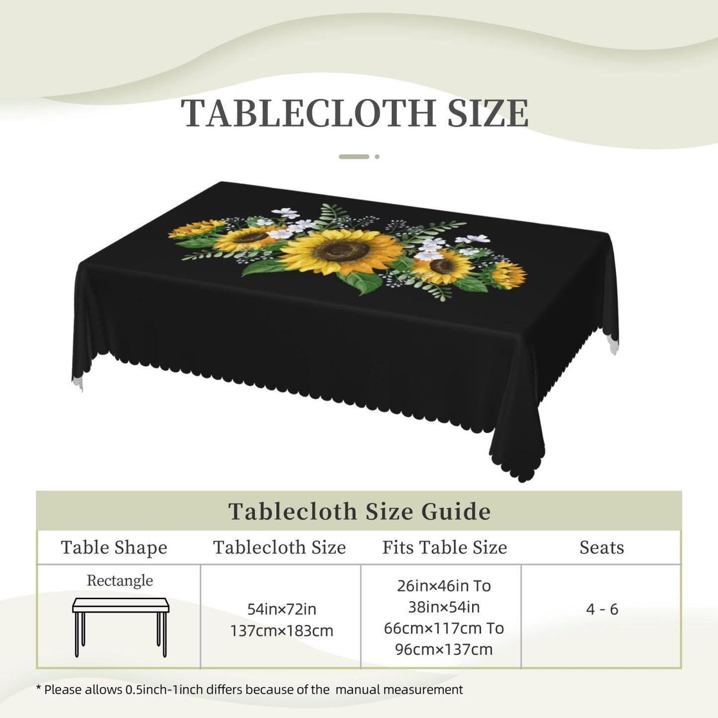 ZYPHORIEL Black Sunflower Rectangle Tablecloths Wild Flowers Table Cloths Dacorative Kitchen Dining Tablecloth for Rectangular Tables,Washable Table Cover for Party 54 x 72 Inch