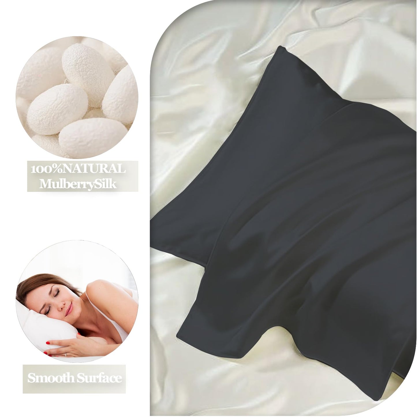 100% Mulberry Silk Pillow Cases 2 Pack for Hair & Skin, 6A Grade Hypoallergenic Pillowcases with Hidden Zipper, Anti-Aging Anti-Frizz, Machine Washable, Queen Sizes, Luxury Gift(Black,Queen)