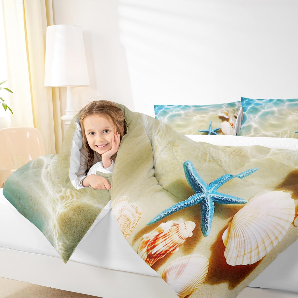 Ocean Comforter Set Queen Beach Bedding Coastal Nature Theme Pattern Teal Duvet Set Boys Girls Hawaiian Quilt Sets Sea Wave Animals Starfish Reversible Comforter Set 2 Pillowcases, Blue Room Decor