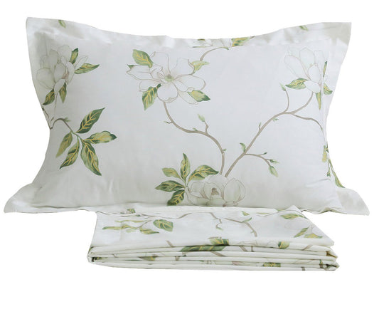 FADFAY Floral 4 Piece Bed Sheet Set 100% Cotton Deep Pocket (Queen, Rainkissed Leaves)
