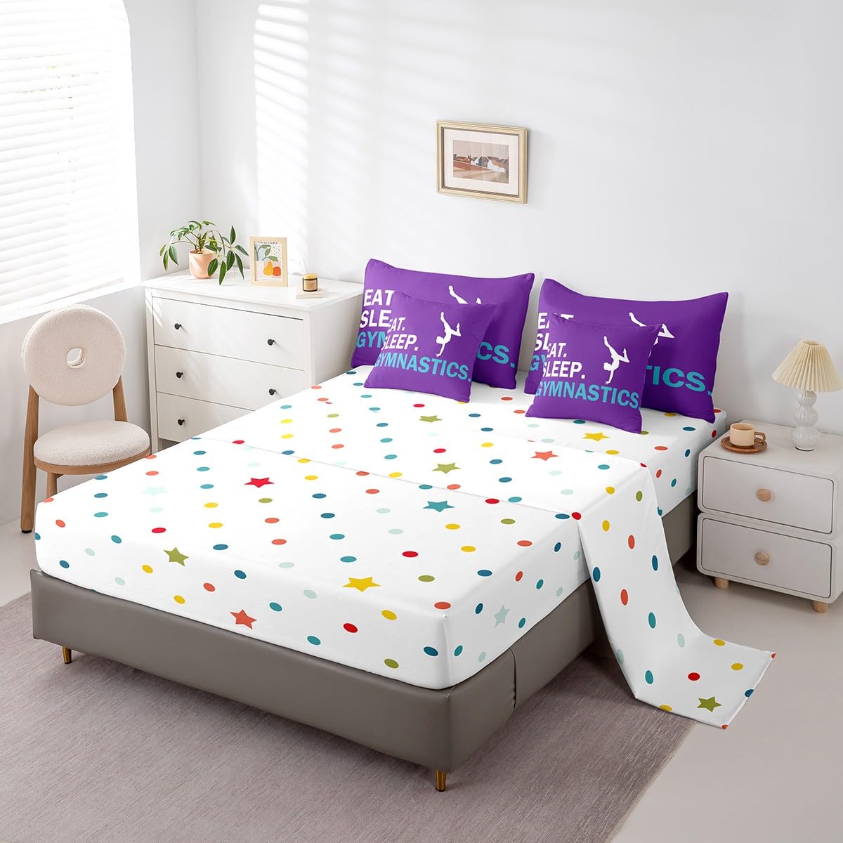Feelyou Gymnastics Bedding Set Twin Girls Gymnastics Lovers Comforter Set 7 Piece for Kids Women Ultra Soft Sports Bedding Twin Comforter Set Girly Purple Bed in a Bag Room Decor Bed Set
