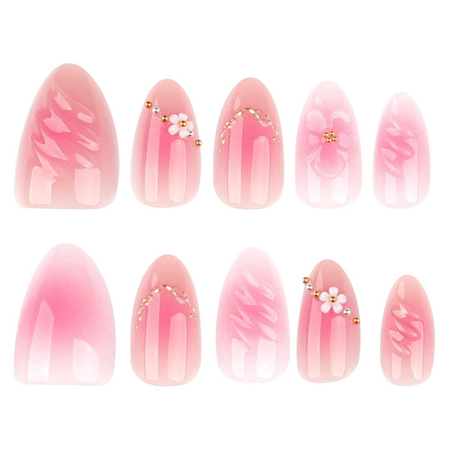 Spring Press On Nails Short Almond Fake Nails Pink 3D Flowers False Nails With Pearl Designs Acrylic Nails Press Ons Full Cover Glue On Nails Summer Glossy Stick On Nails For Women Manicure