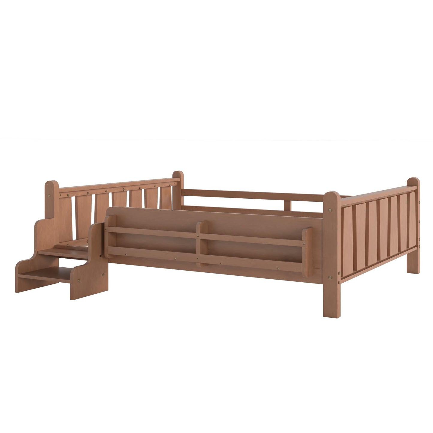 LUMISOL Kids Montessori Bed with Guardrail, Low Profile Bed Frame Full with Storage Shelves, Natural
