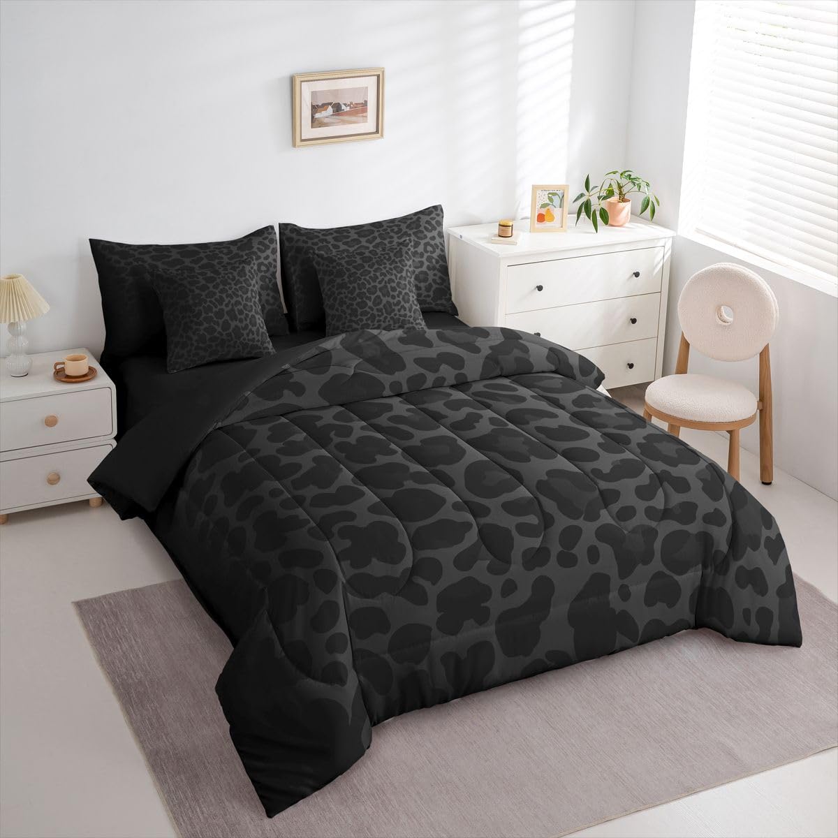 Erosebridal Leopard Print Comforter Set King for Boys Western Cheetah Bedding Set 7 Piece Black Grey African Wildlife Bed in A Bag for Kids Teens Youth Women Room Modern Animal Skin Texture Sheets