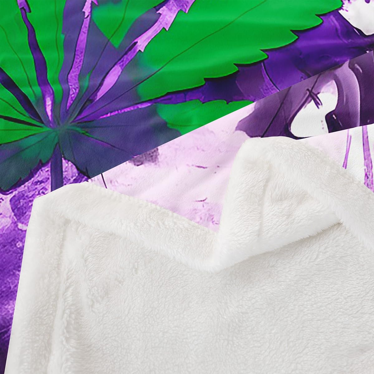Chic Marijuana Weed Sherpa Fleece Blanket for Bed, Sofa, Couch - Green, Purple Tie Dye - 50"x60"