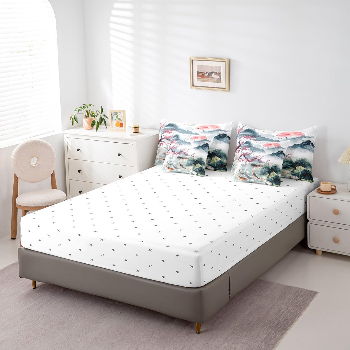 Erosebridal 7 Piece Cherry Blossoms Bed in a Bag Full for Girls Women Chinese Style Sheet Set Lotus Leaf Print Cushion Covers Landscape Painting Bedding with Comforter Koi Print Bed Set