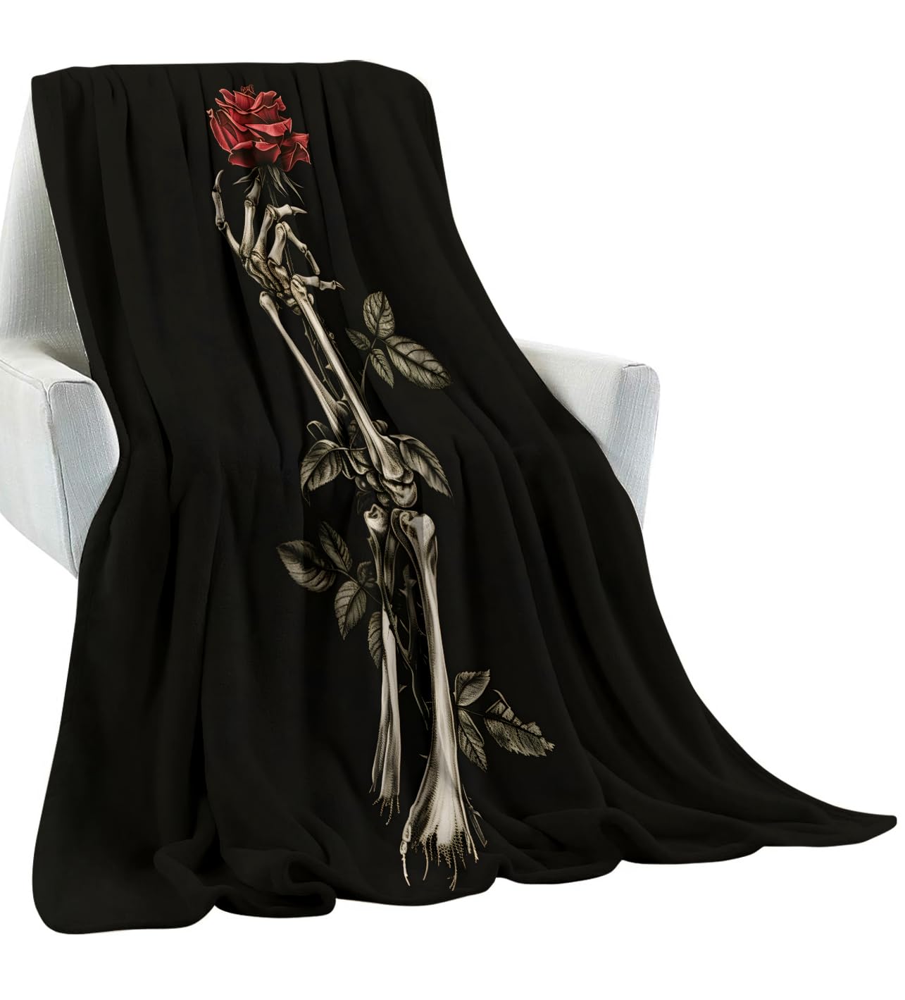 amepay Gothic Skeleton Rose Soft Flannel Blanket 50×60 Inches,Dark Romantic Floral Art,Lightweight Cozy Plush Throw for Couch Sofa Bed,Gifts Blankets for Women Girls Goth Decor Lovers Home Decor