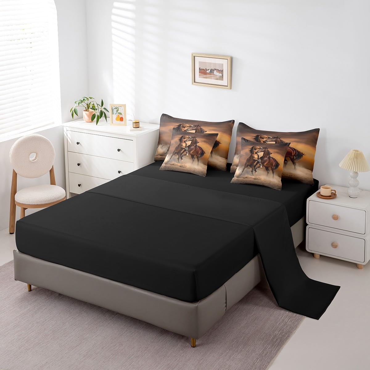 Erosebridal Horse Quilt with Flat Fitted Sheet 7 Piece Twin 3D Horse Printed Bedding Sets Farmhouse Wild Animal Pattern Comforter Set Funny Horse Battle Theme Bed in A Bag for Kids Boys Teens,Brown