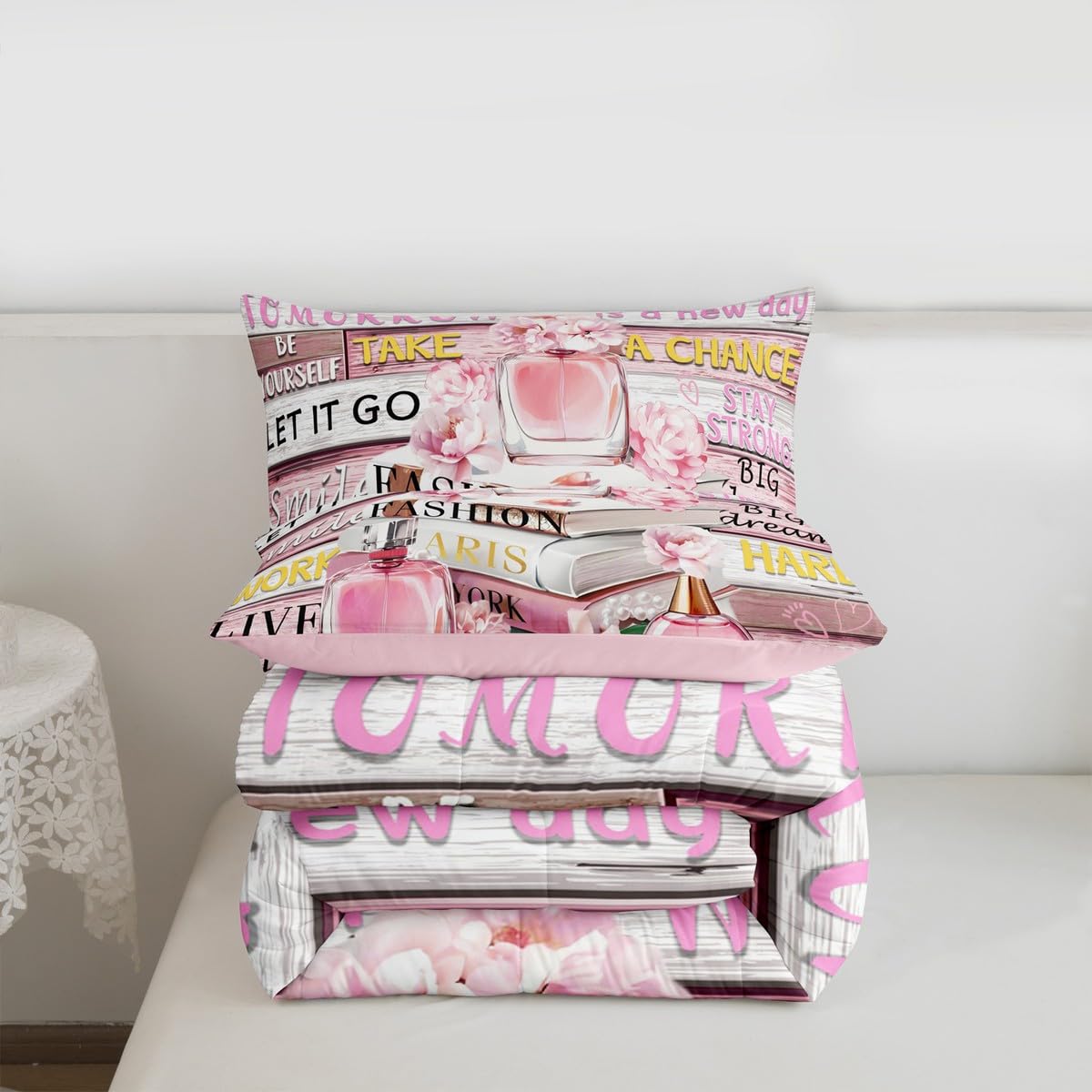 Erosebridal Pink Fashion King Bedding Set for Women Girls Kids Girly Aesthetic Modern Comforter Inspirational Quotes Trendy Elegant Coquette Cute Quilt Perfume Paris Preppy Pink Bow Duvet Insert