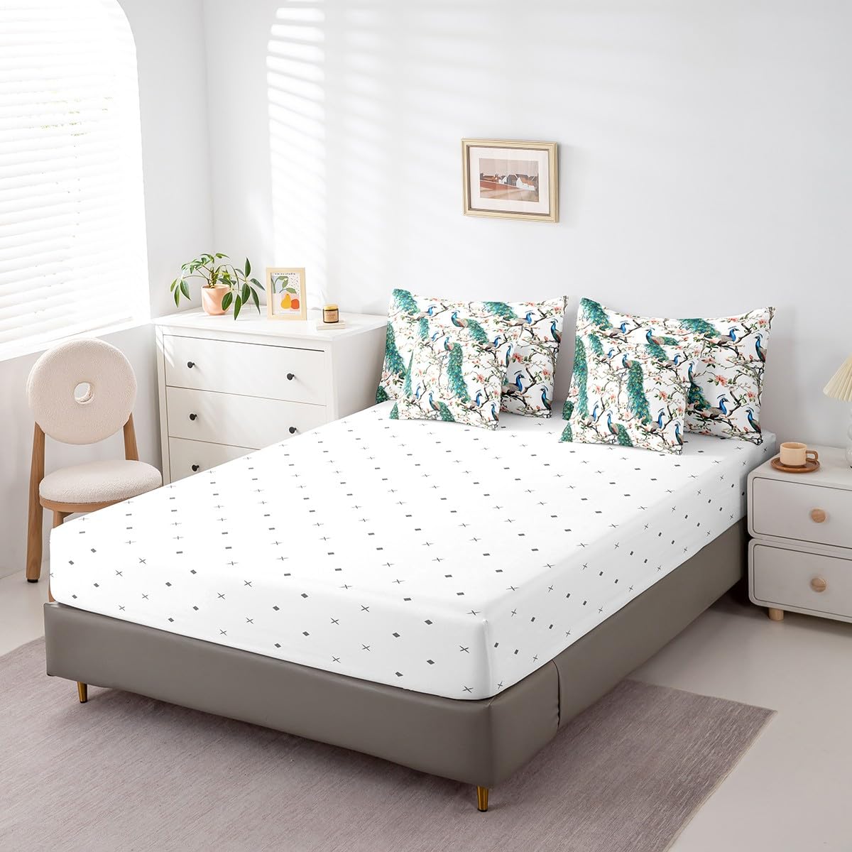 jejeloiu Peacock Comforter Set 7 Pieces Full Size Kids Cherry Flower Bed in a Bag for Boys Girls Royal Peacock Bird Bedding Set Green,Comforter + Sheets + Pillowcases + Cushion Covers