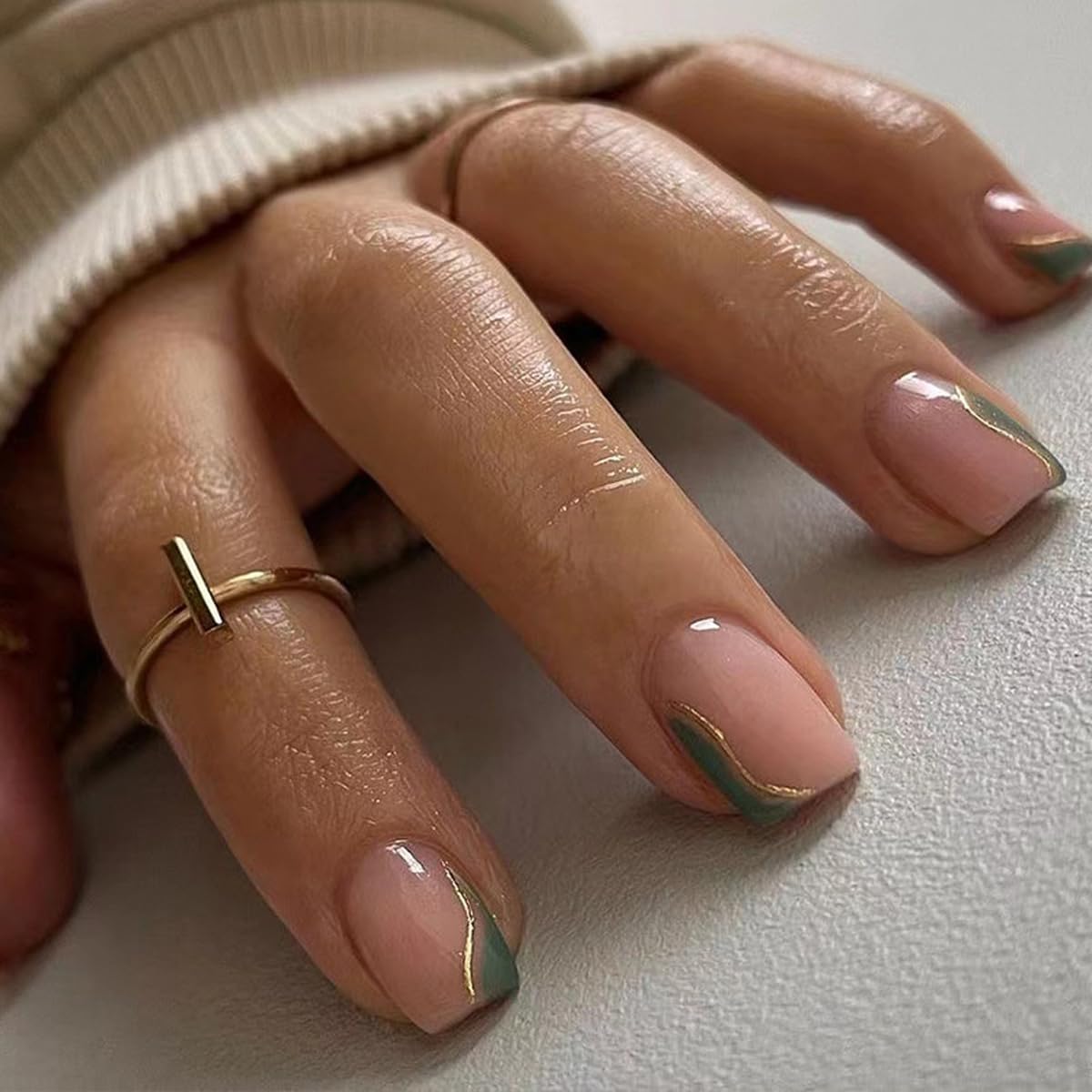 Mivota Fall Press On Nails Short Square Nude Fake Nails Green with Gold Stripes Fake Nails Fashion Glossy Acrylic Press ons Nail Gel Stick On Nails Set Glue on Nails for Women & Girls 30Pcs
