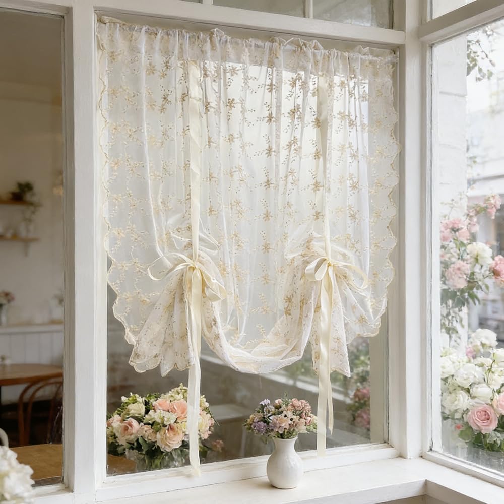 Beige Romantic Little Floral Woven Lace Tie Up Balloon Curtain for Kitchen