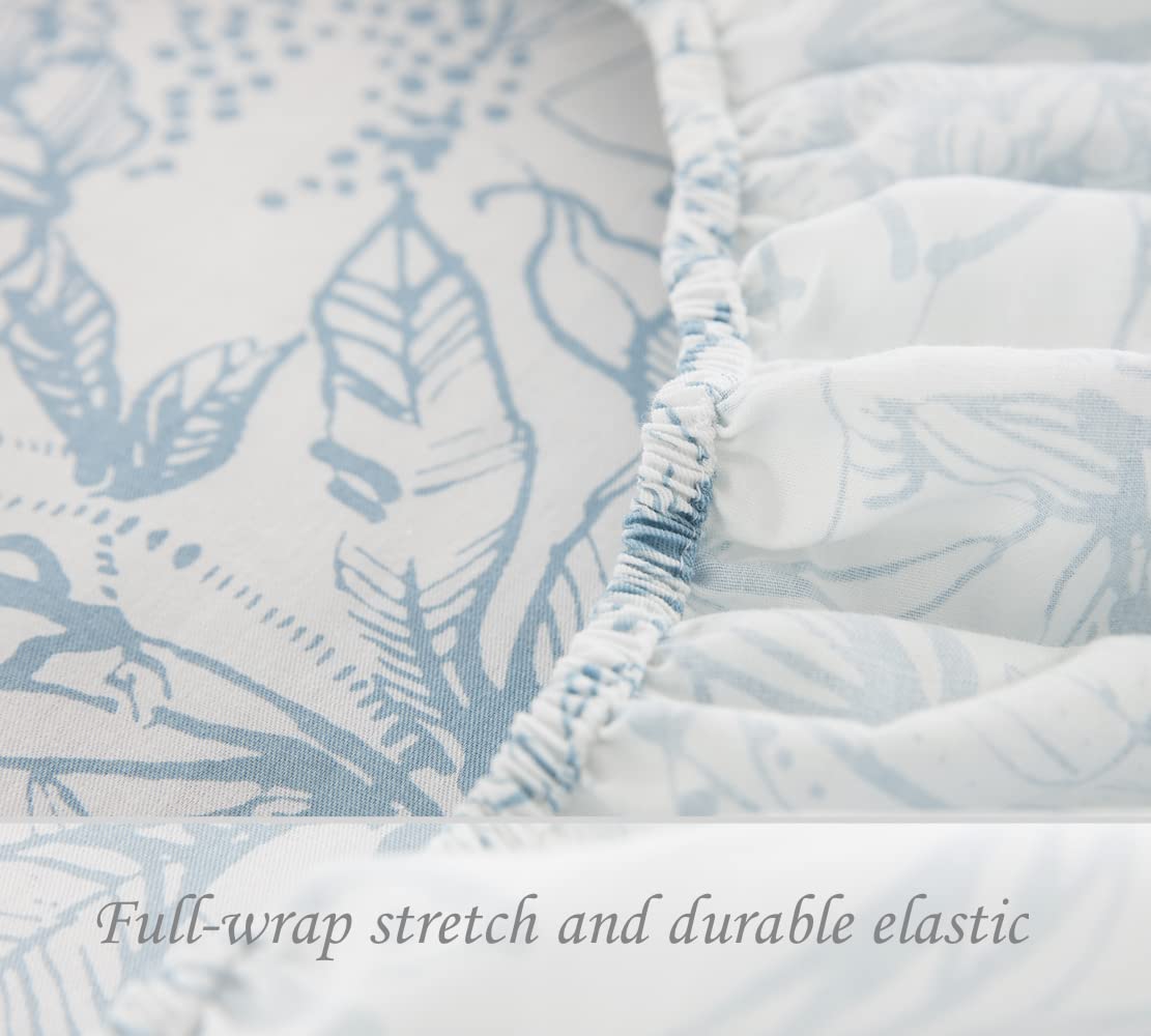 DAUAOTO Cotton Sheets Set King Size 4 Pieces Flower Bedding Sets, Aqua Blue Floral Pattern, Up to 14" Deep