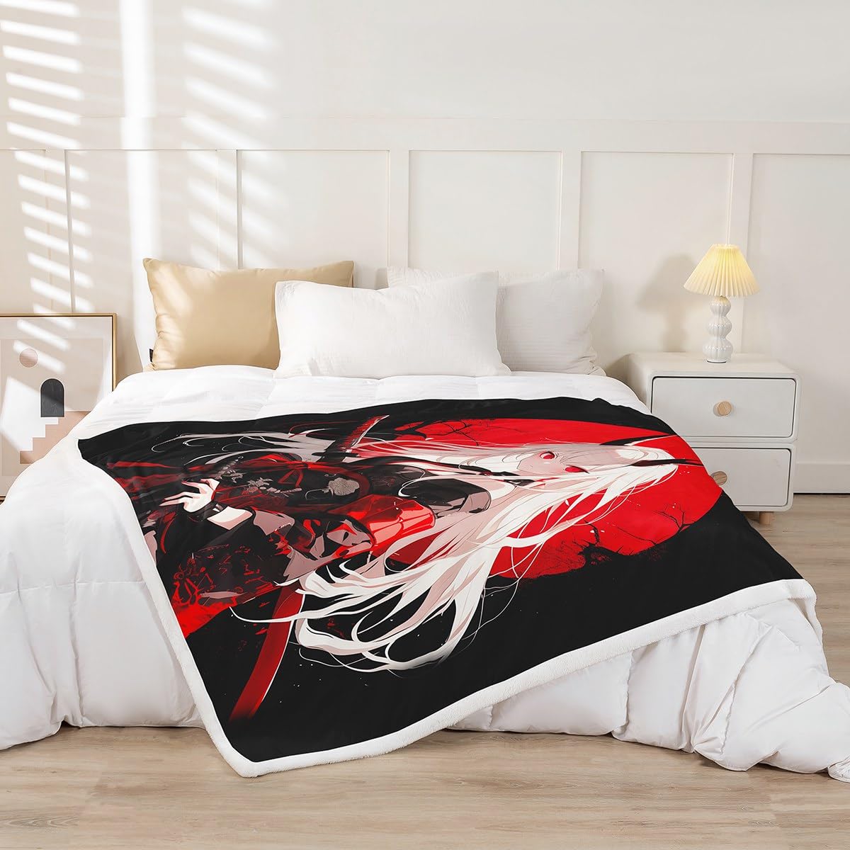 Erosebridal Twin Size Japanese Anime Throw Blanket for Kids, Anime Girl Decor Kawaii Japanese Fleece Sherpa Blanket Cartoon Japan Animation Bed Set for Boys Teen Adult Women Bedroom,Red Black
