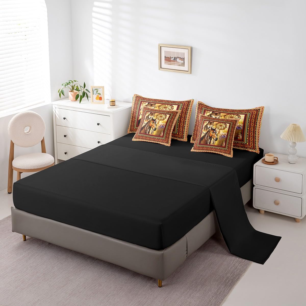 Erosebridal 7 Piece Brown Horse Bed in a Bag Twin Boho Exotic Aztec Sheet Set for Boys Girls Rustic Farmhouse Bedding Comforter Bohemian 3D Wild Animal Dreamcatcher Decor Cushion Covers