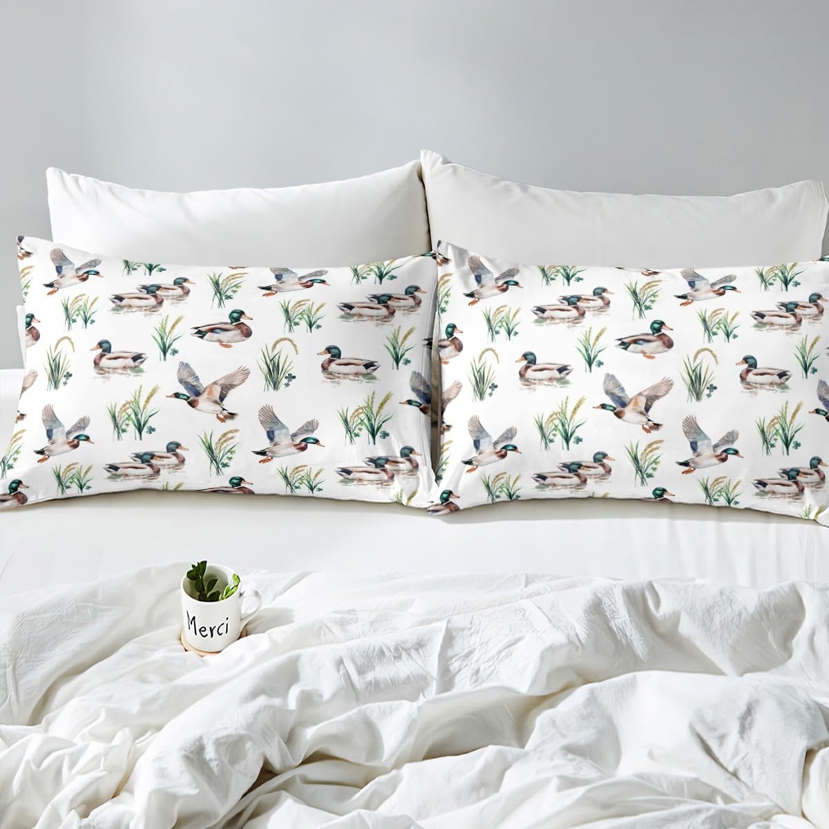 Feelyou Mallard Duck Bedding Set Twin Size for Boys Teens Kids Duck Hunting Bed Sheets Wild Animal Hunter Botanical Fitted Sheet Set Home Decor