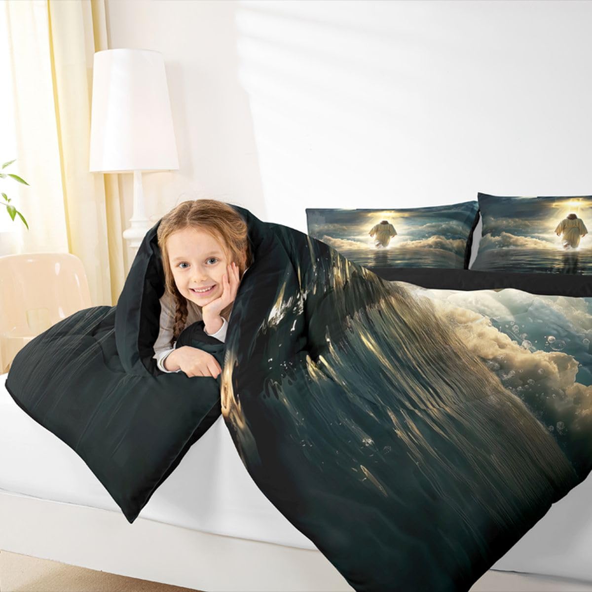 God Walking on Water Girls Bedding Set Twin Size,Western Faith Bible Verse Comforter Set,Spiritual Blue Ocean Quilt Comforter Girls Boys Teens,Golden Dark Blue Room Decor All Season,1 Pillowcase