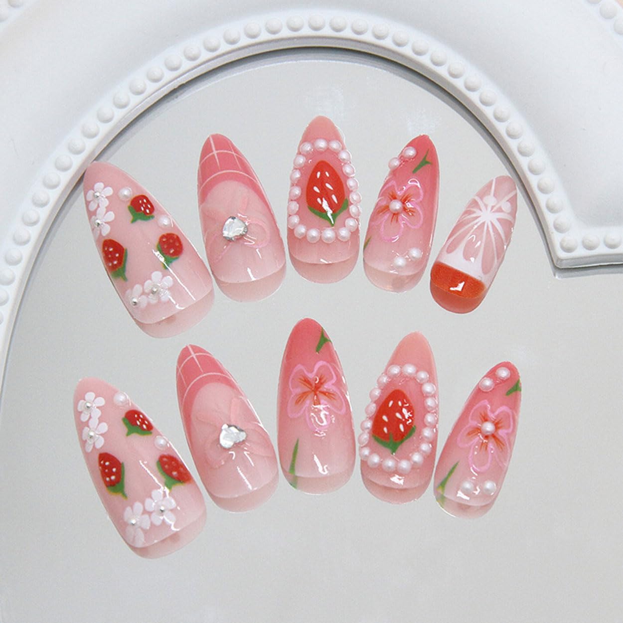 Press on Nails Almond Medium Fake Nails French Tip False Nails Press ons with Strawberry Pearl Design Glue on Nails Artificial Acrylic Nail Art Glossy Full Cover Stick on Nail Supplies for Women 24Pcs