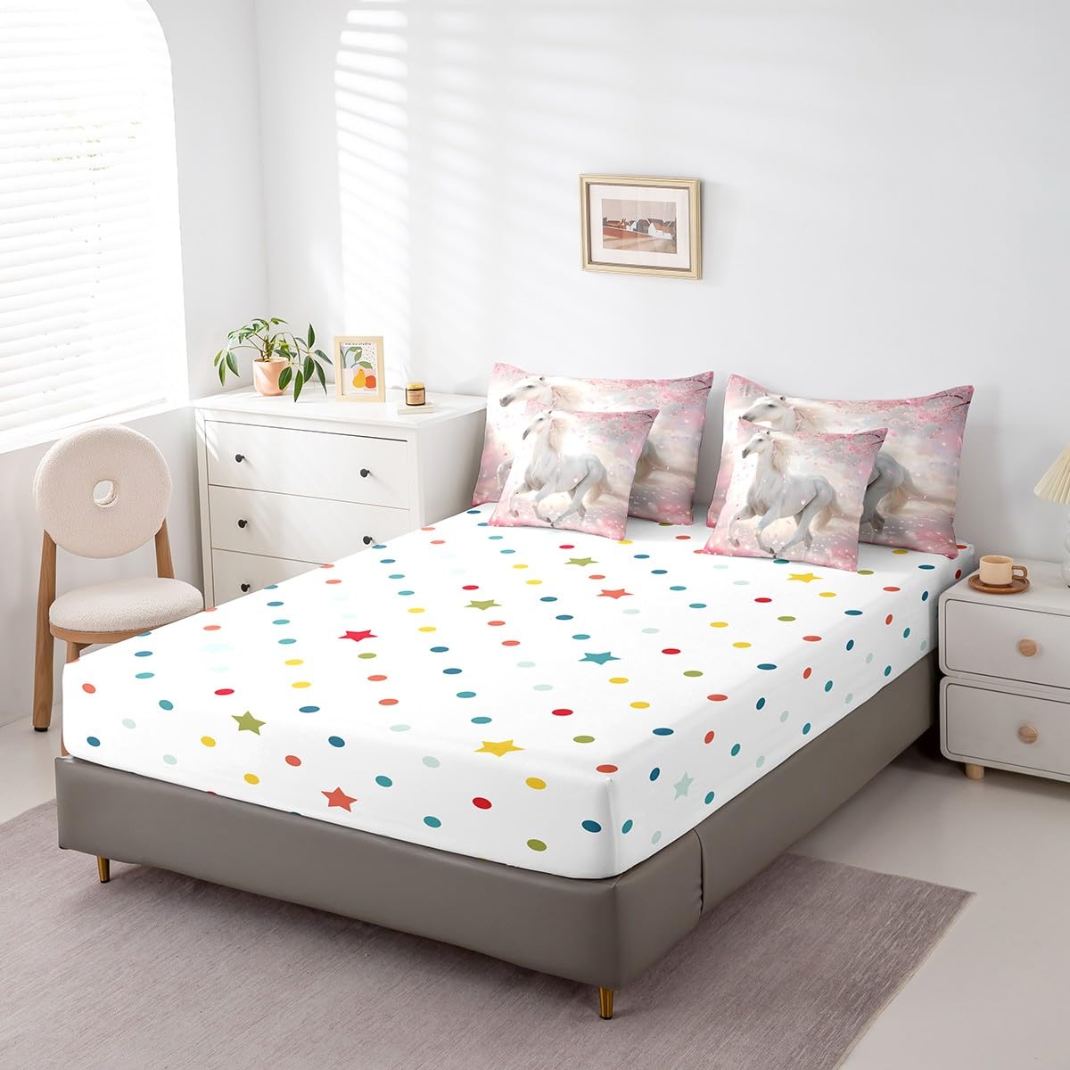 7 Piece Boys Twin Horse Bed in a Bag Pink Cherry Blossom Sheet Set for Girls Kids - 3D Wild Animal Bedding Set with Comforter - Pink Fitted Sheet - White Horse Farmhouse Cushion Covers