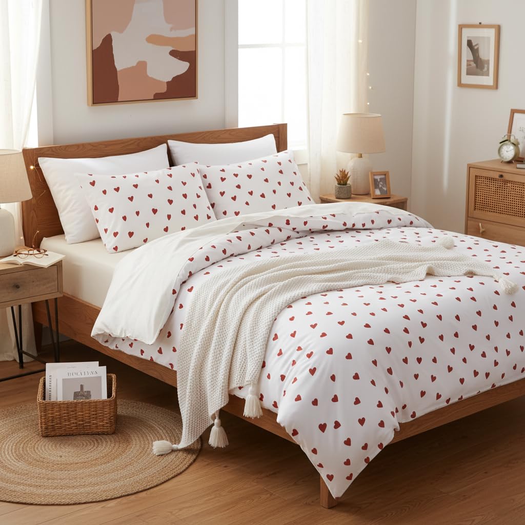 Nayoroom Heart Comforter Set Queen Size Kawaii Red Heart Pattern Comforter Kids Girls Cute Heart-Shaped 3Pcs Soft Lightweight Bedding Set for All Seasons (1 Comforter, 2 Pillowcases)