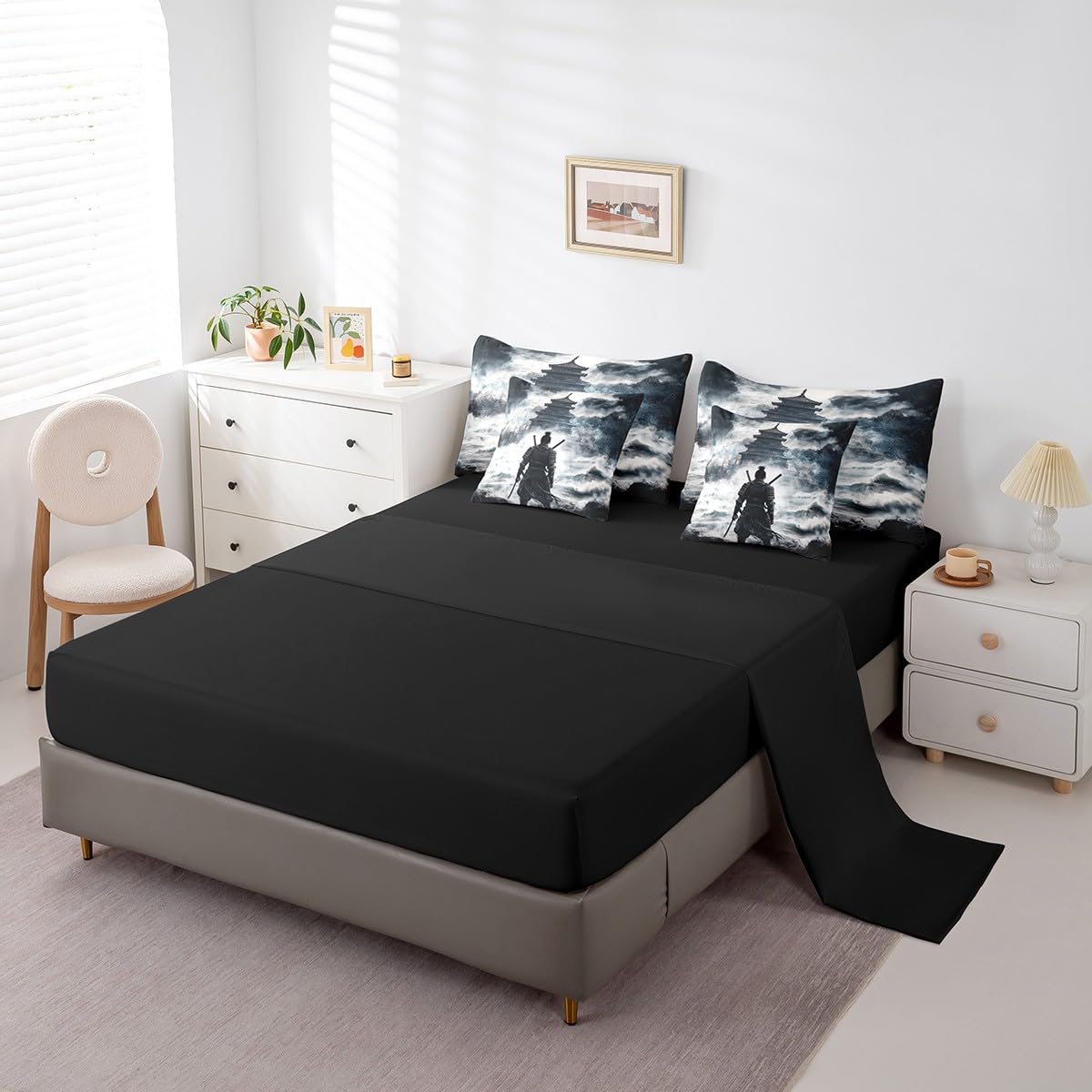 Queen Size 7 Pieces Bedding Sets Japanese Samurai Comforter Set Oriental Culture Bed Sheet Grey Reversible Printed Quilt Set + Flat Sheet + Fitted Sheet + 2 Pillowcase + 2 Throw Pillow Covers