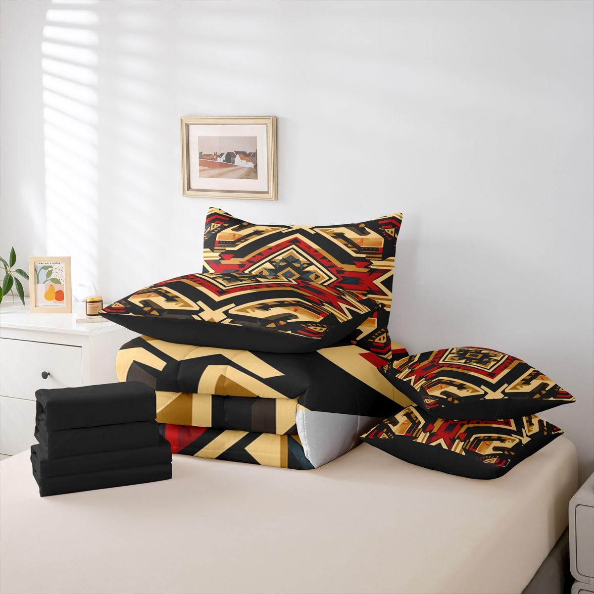 Erosebridal Aztec 7 Piece Bedding Set Queen Tribal Comforter Set with Sheets Native American Boho Southwestern Bed in a Bag Geometric Western Rustic for Teens Men Women