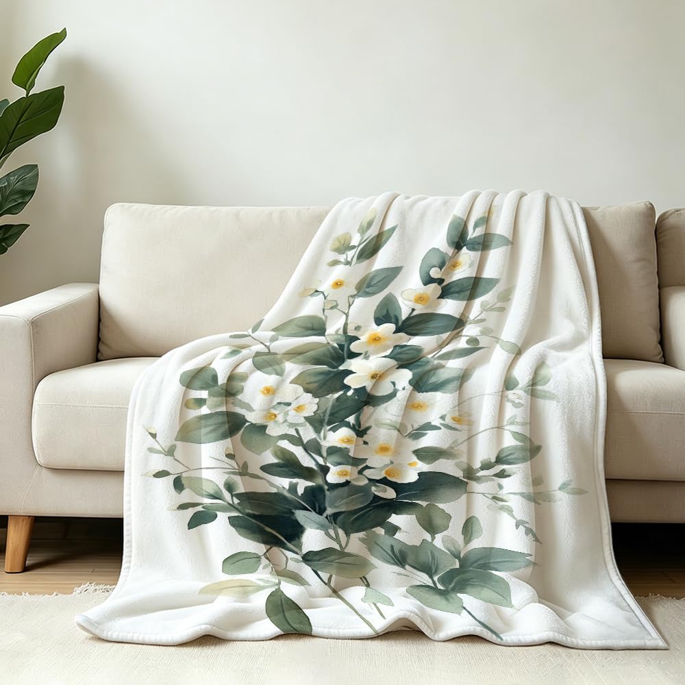 HUNXIAOJ Botanical Throw Blanket Green Leaves Blanket Plant and Floral Decor Botanical Bedding Warm Soft Flannel for Bed Sofa Couch (49in x 59in)