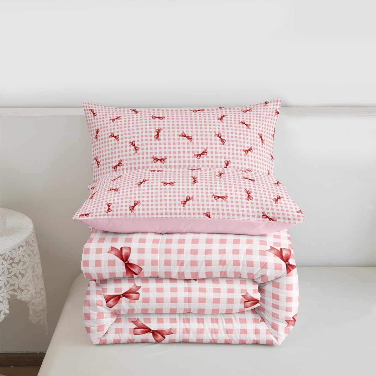 Erosebridal Girls Bow Comforter Set Pink Buffalo Plaid Full Size Bedding Sets | Cute Ribbon Bowknot Comforter Kawaii Grid Lattice Bow Tie Bed Set