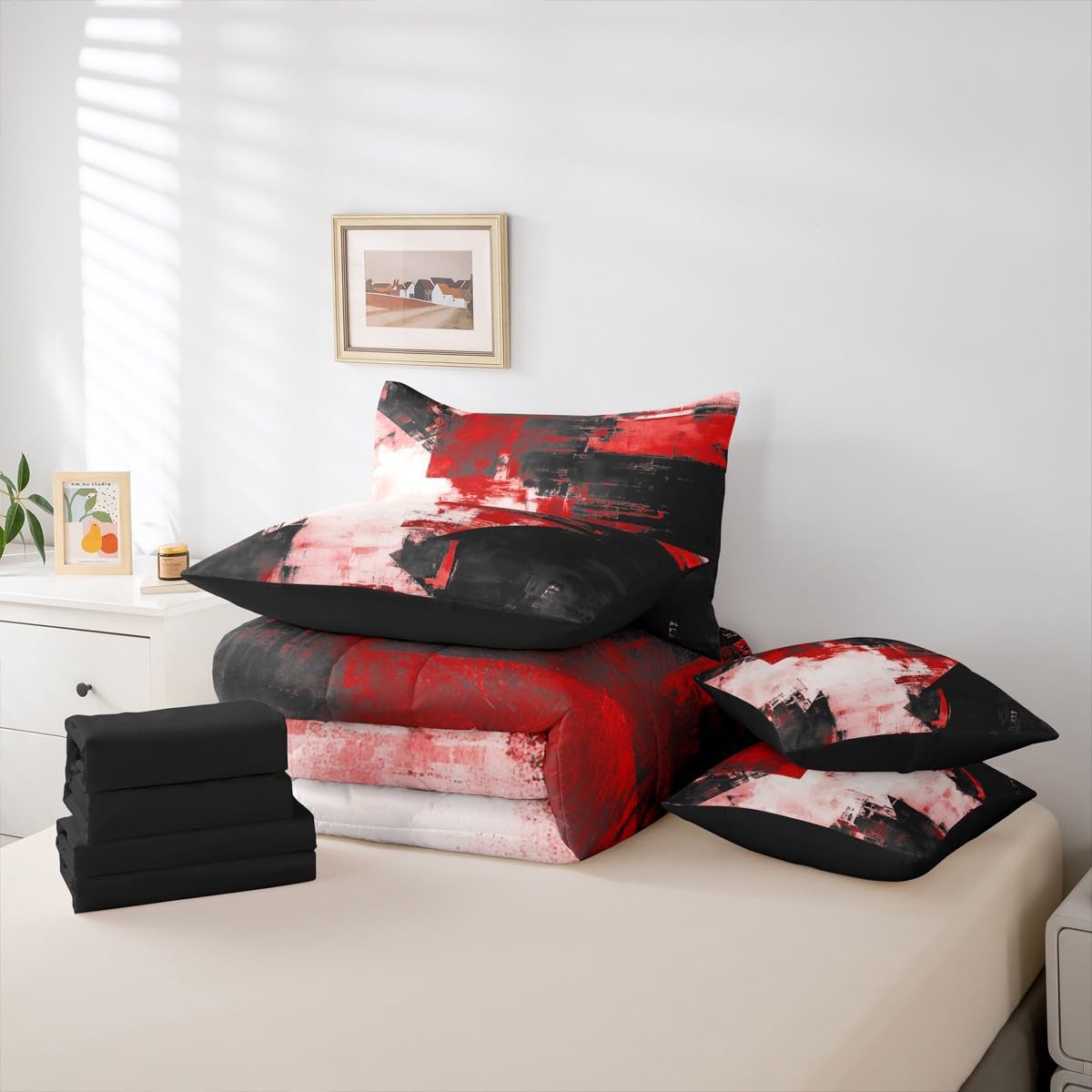 Feelyou Abstract King Comforter Set with Sheets for Kids Boys Girls Modern Abstract Art 7 Pieces Bedding Set Luxury Bed in a Bag Geometric Room Decor Red Balck Soft Lightweight Microfiber