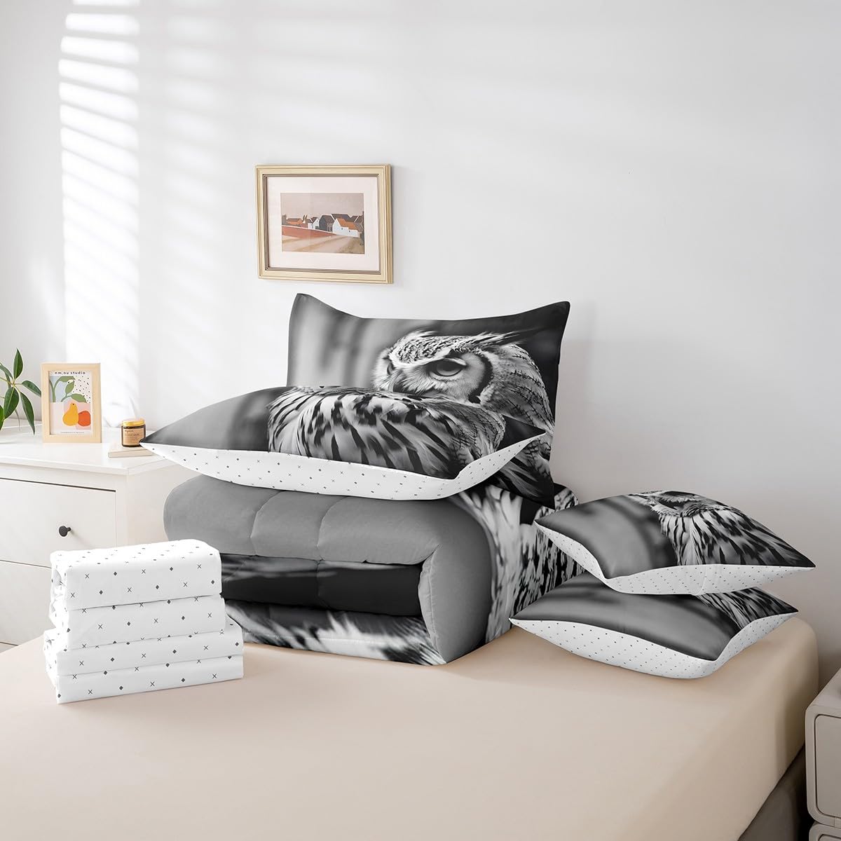 Erosebridal 7-Piece Owl Animal Comforter Set Queen Size, Owl Bed in a Bag Bedroom Comforter with Sheets (1 Comforter, 1 Flat Sheet 1 Fitted Sheet 2 Pillowcases and 2 Pillow Shams), Black Grey