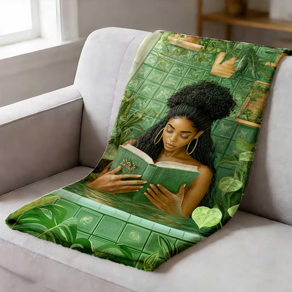 ZHOUSHUTONG Black Girl Reading Book in Bathtub Flannel Throw Blanket, Cozy Warm African American Women Blankets, Lightweight Fuzzy Soft Green Botanical Flannel Blanket for Couch Bed Sofa 49"x59"