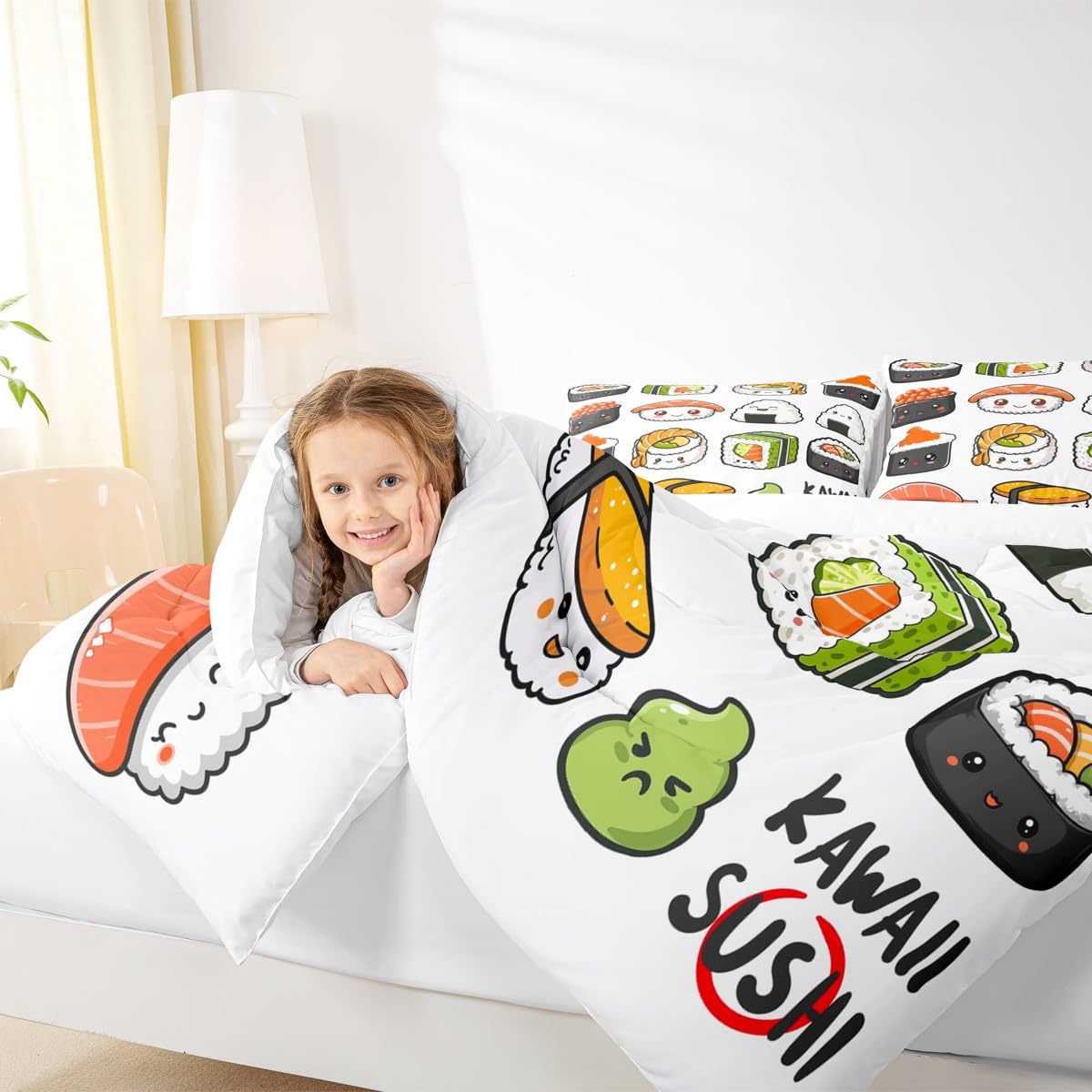 Erosebridal Sushi Pattern Comforter Set Queen, Japanese Style Down Comforter, Food Theme Quilted Duvet for Kids Boys Girls Teens, Cute Cartoon Japanese Sushi Quilt Set Room Decorative