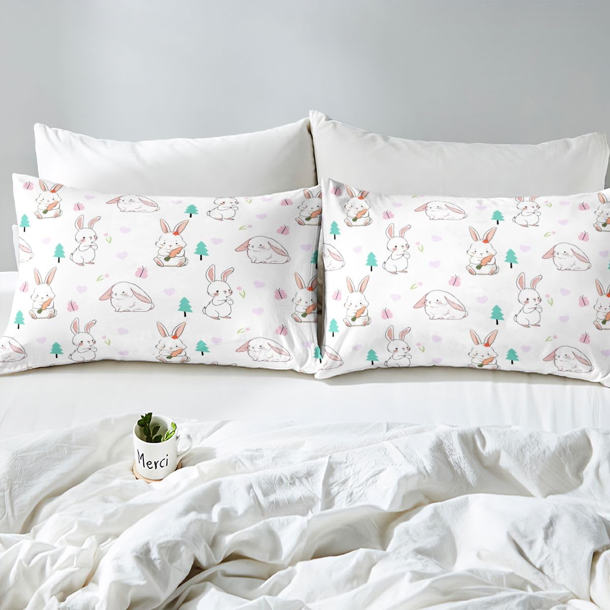 Erosebridal Cartoon Rabbit Duvet Cover Twin Rabbit Carrot Comforter Cover for Kids Teens Heart Pattern Bedding Set Lovely Animal Bed Set