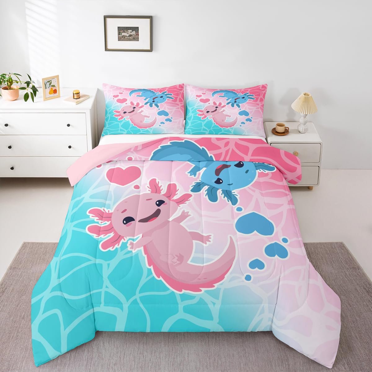 Axolotls Comforter Set Twin Size,Blue Pink Kids Bedding Set 2Pcs with 1 Pillowcase,Ocean Animals Theme Down Comforter Cartoon Lovely Salamander Quilted Duvet Insert for Girls Boys Bedroom Decor