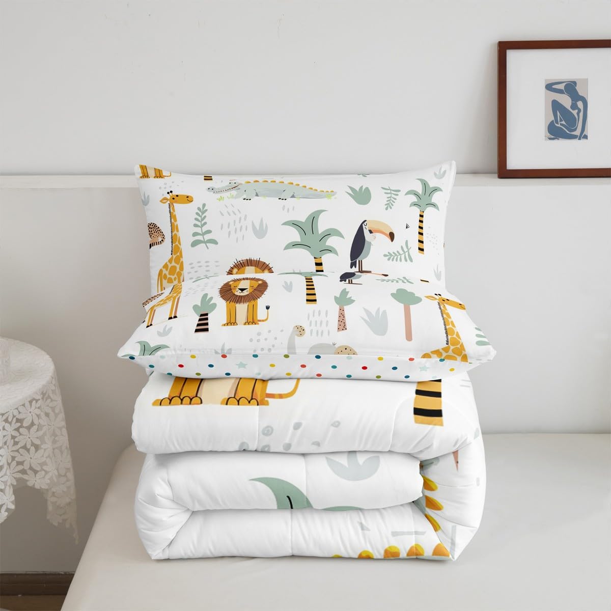 Feelyou Zoo Animal Bedding Set Cute Animal Comforter Set Wildlife Comforter for Women Men Room Decor Cute Giraffe Duvet Set King Size with 2 Pillow Case