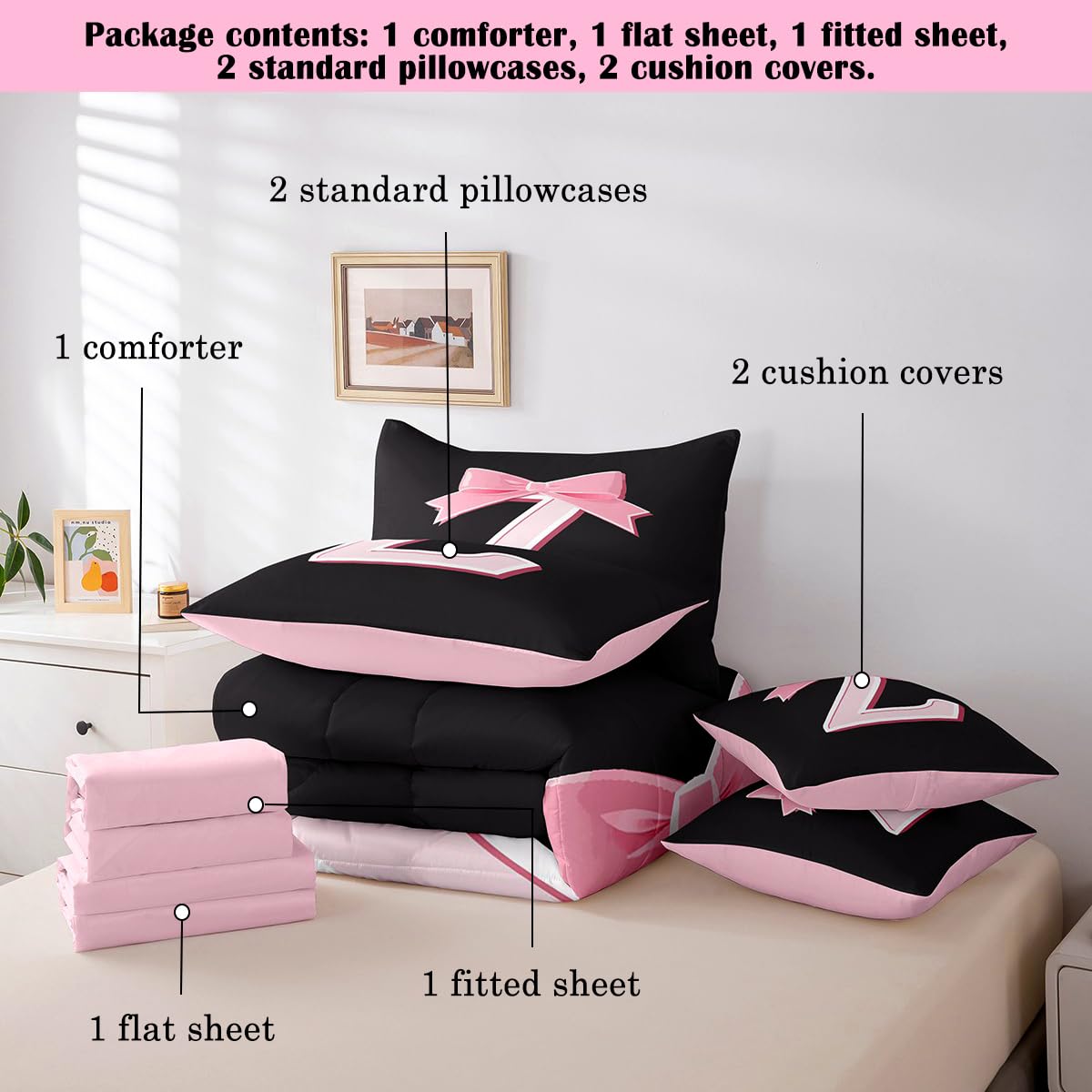jejeloiu Kawaii Pink Bow Twin Comforter Set with Sheets,Gifts for Women Teen Girl,Monogrammed 7 Piece Bedding Set,Soft Personalized Initial Letter Z Bed in a Bag with Comforter,Sheets,Pillowcases