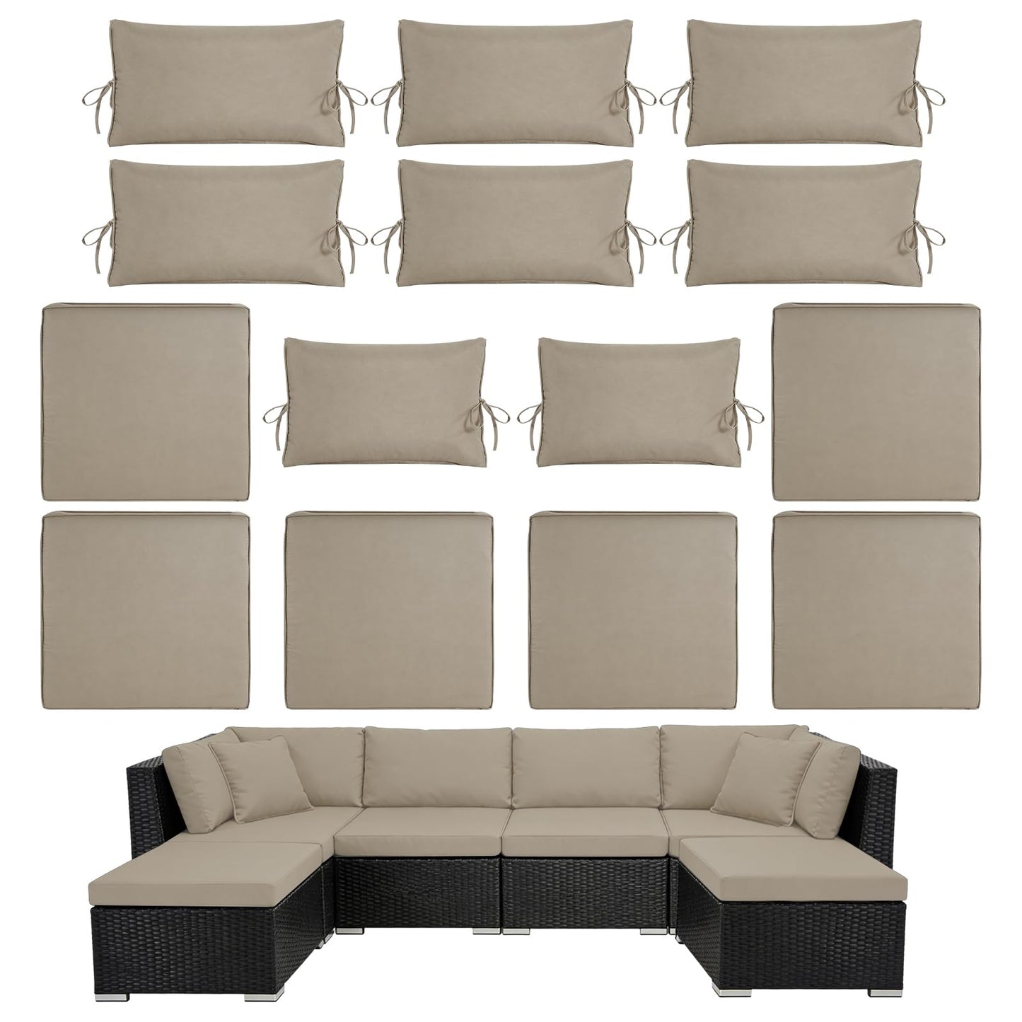 Cabubra 14pcs Outdoor Patio Furniture Cushion Covers, Waterproof & Sun-Resistant Zippered,Fit for Patio Furniture Sectional Sofas and Wicker Rocking Chairs,3 Sizes,Sand,Covers Only