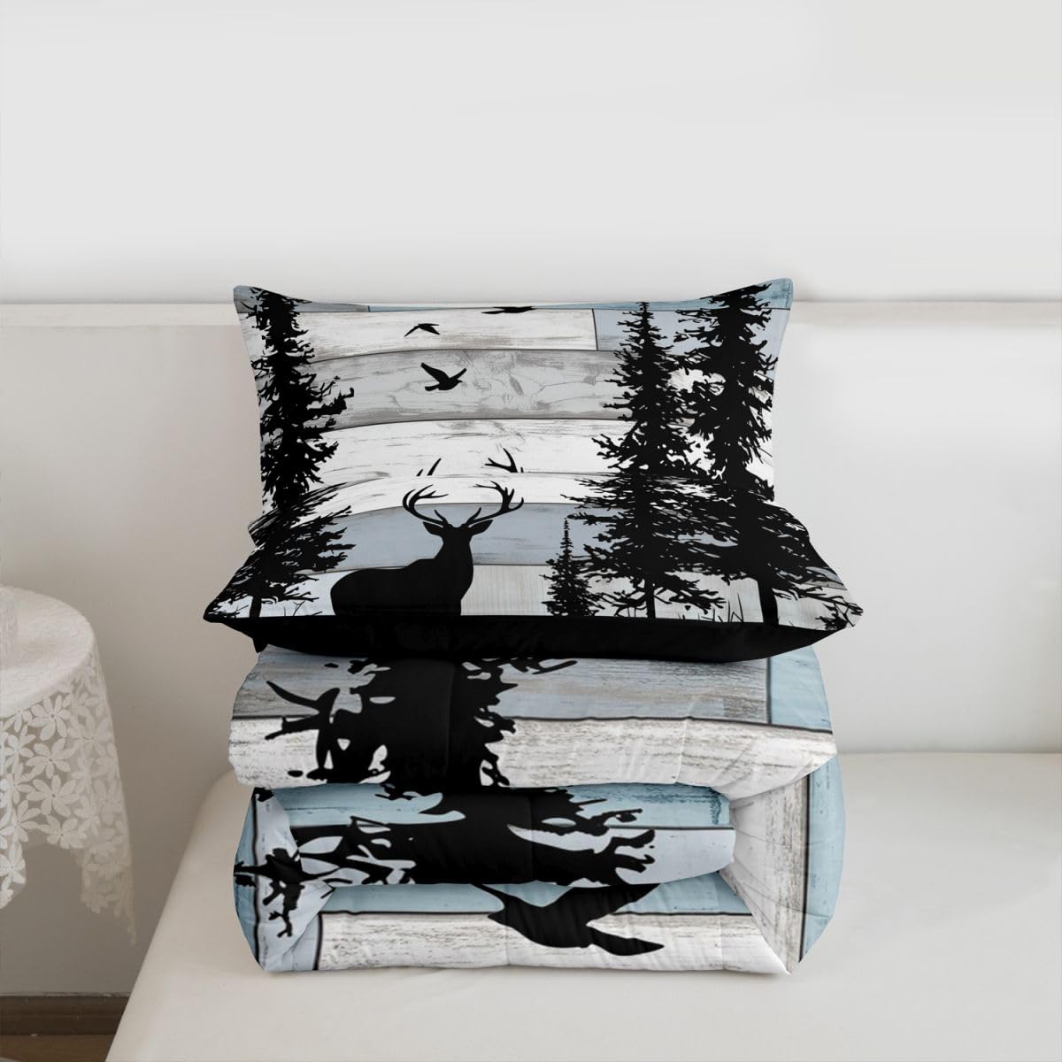 jejeloiu Deer Bedding Set Soft for Boys Girls, Rustic Cabin Country Comforter Set Queen Size Farmhouse Duvet Quilt Microfiber Wild Animal Bedroom Decor 3 Pcs with 2 Pillow Cases