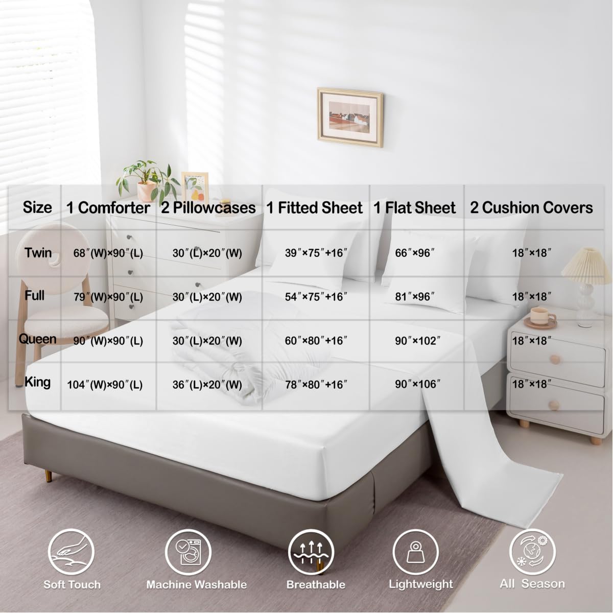 Erosebridal Penguin 7 Piece Bedding Set King Kawaii Kids Comforter Set with Sheets Antarctic Animal Bed in A Bag Cartoon Cute Winter Snowflake Bed Sets